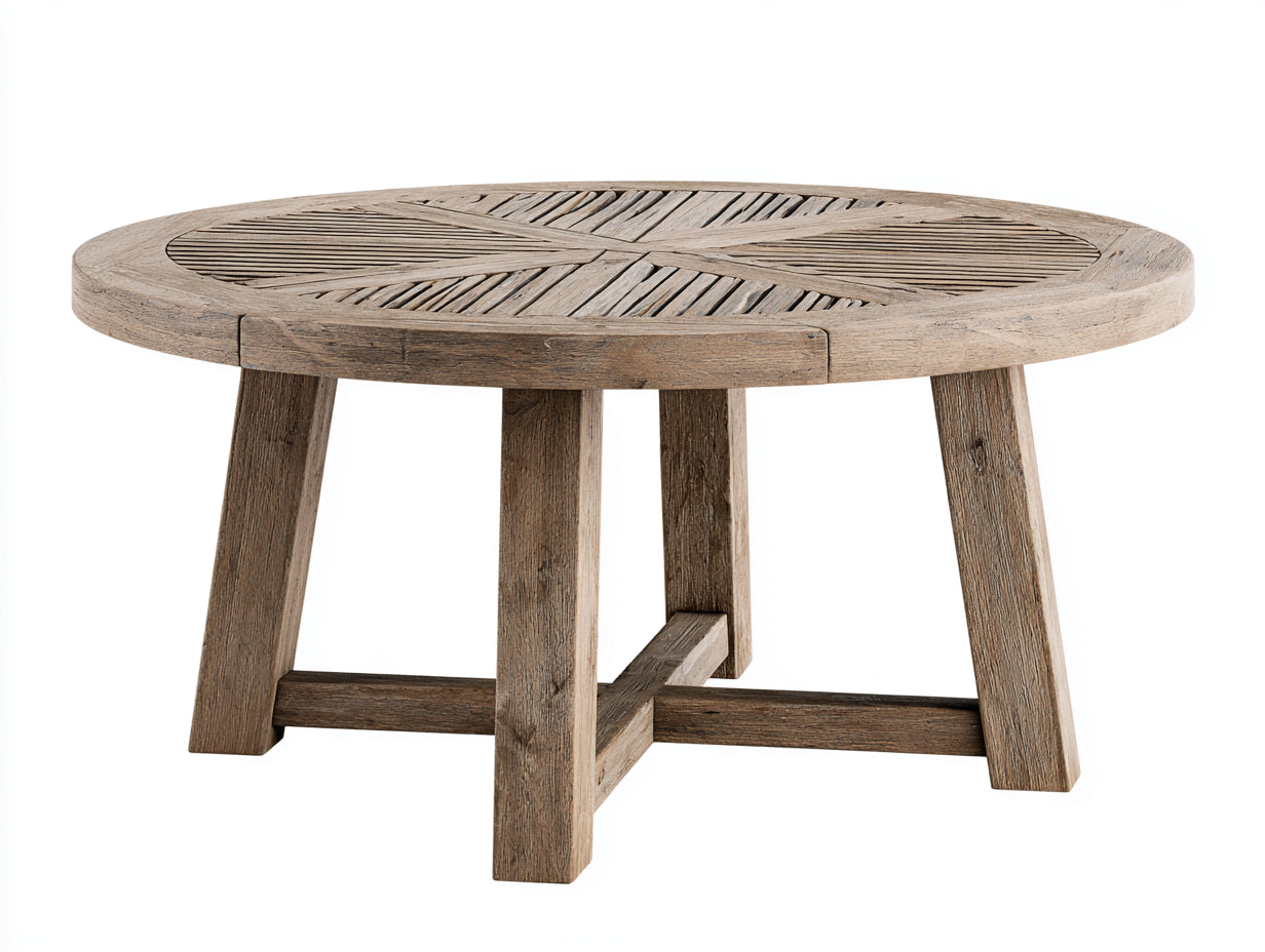 Mesas de jardín redondas de madera 110 x 110 x 75 cm - Marrón envejecido - Tablero geométrico con patas inclinadas