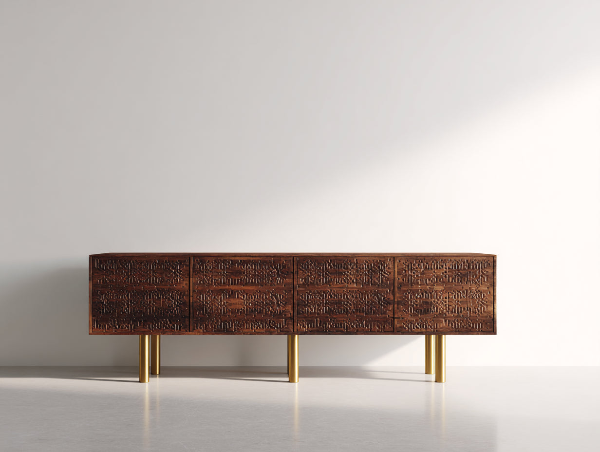 Mueble recibidor de madera 180x40x60 cm - marrón nogal-dorado - 4 puertas con relieve tallado