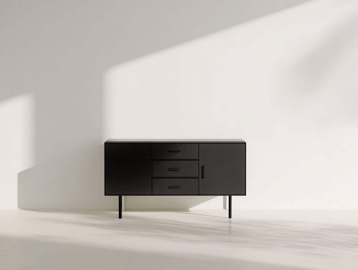 Mueble recibidor de madera 150x40x75 cm - negro - 2 puertas y 3 cajones