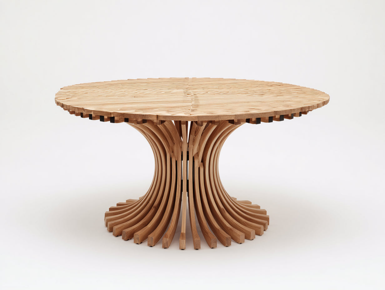 Mesas de jardín redondas de madera 120 x 120 x 75 cm - Madera natural - Tablero radial con base curva de listones
