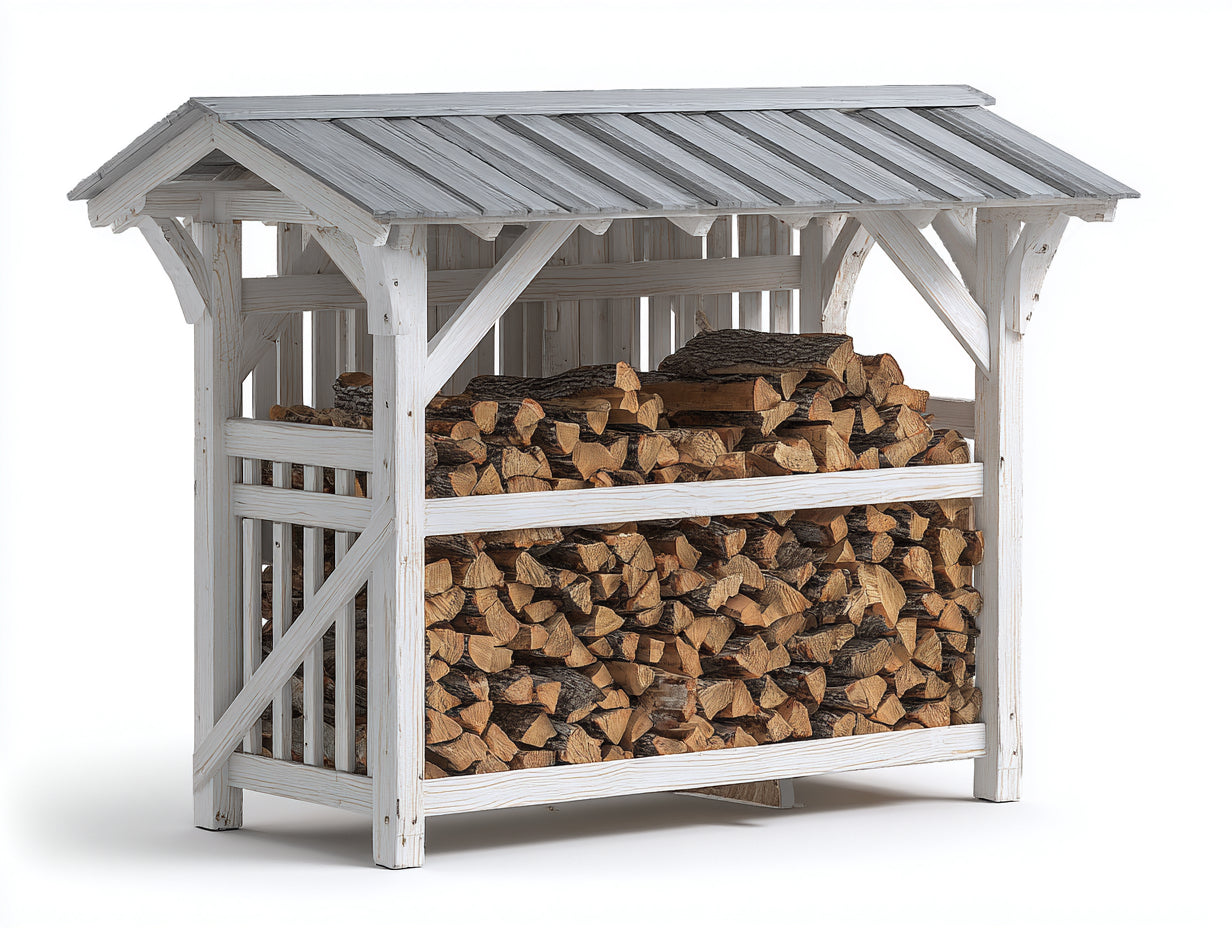 Leñero de exterior de madera 200x85x165 cm - blanco y gris - abierto con techo a dos aguas