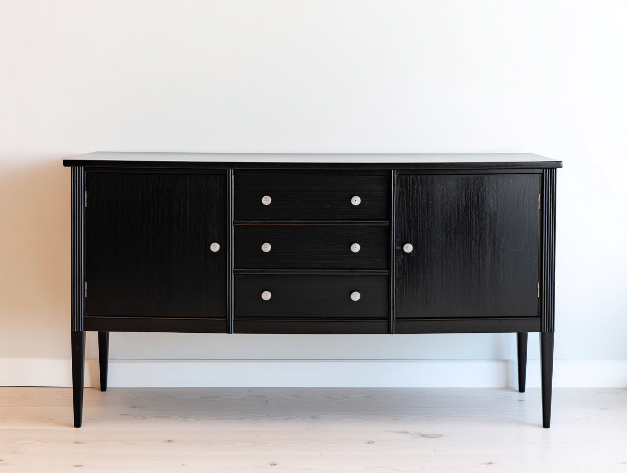 Mueble recibidor de madera 140x40x82 cm - negro y plateado - 2 puertas y 3 cajones