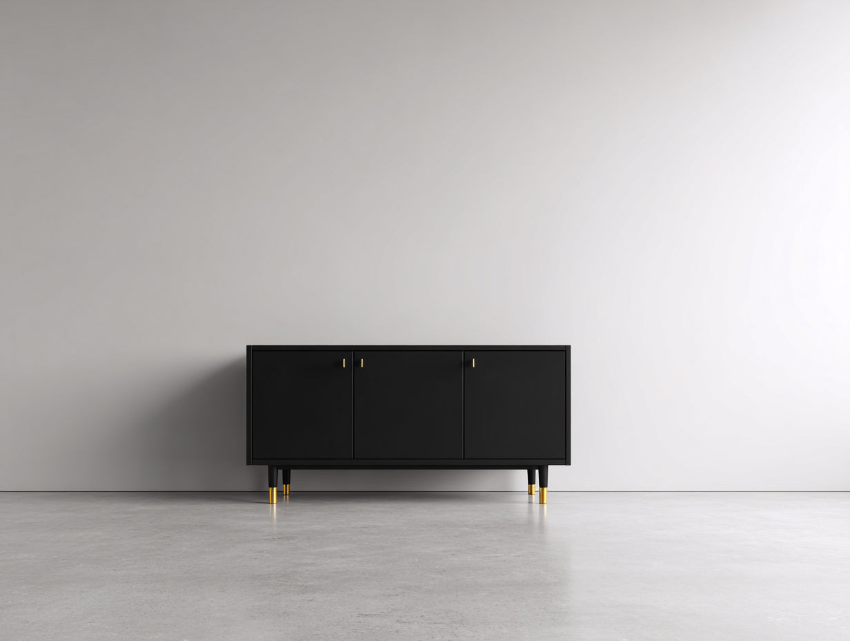 Mueble recibidor de tablero 150x40x78 cm - negro y dorado - 3 puertas minimalista