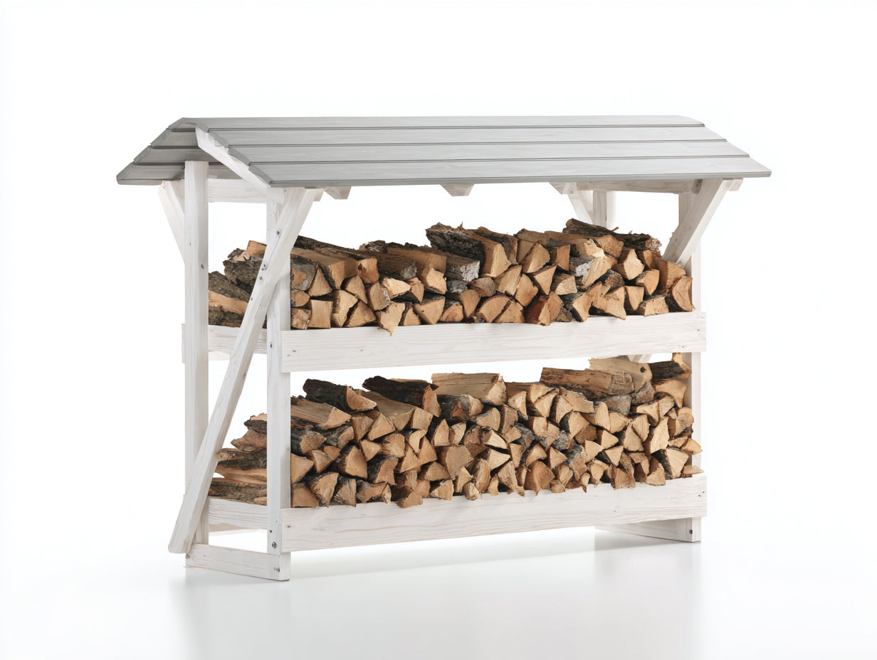 Leñero de exterior de madera 160x70x170 cm - Blanco y gris - 2 niveles con cubierta inclinada - Diseño abierto para jardín y terraza