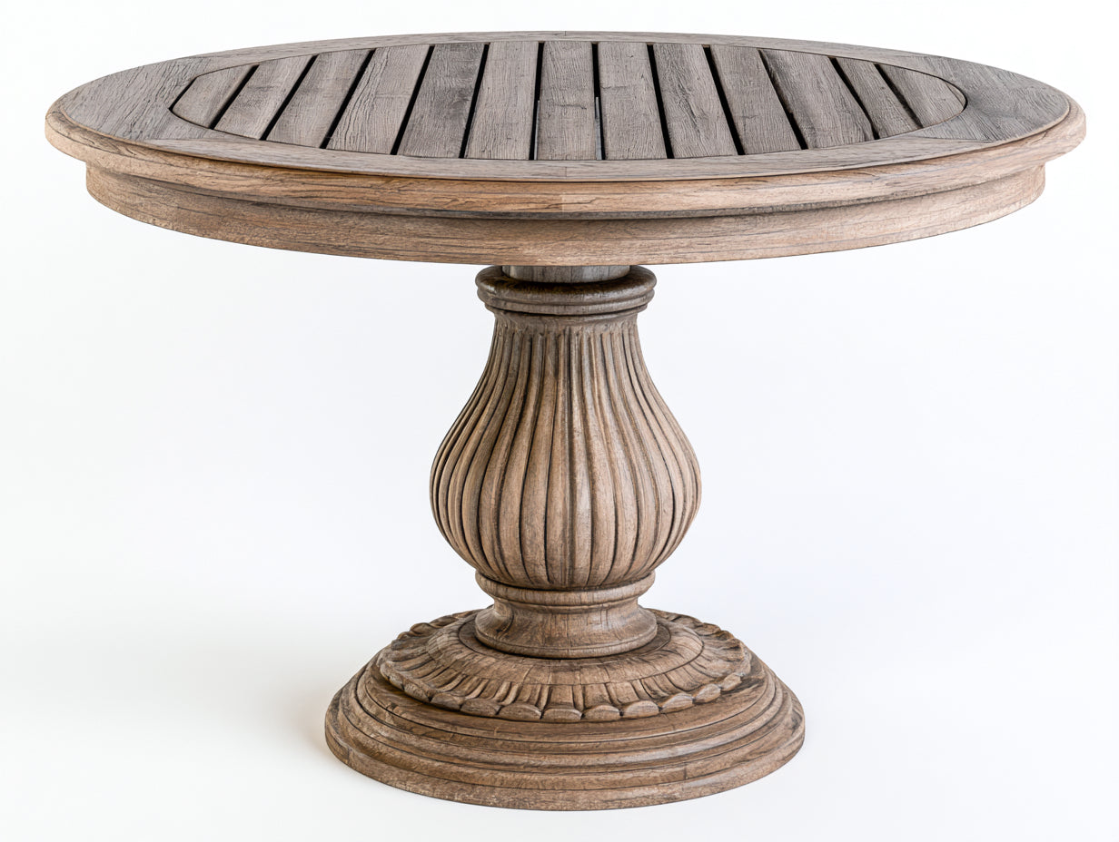 Mesas de jardín redondas de madera 120x120x76 cm - madera natural grisácea - estilo clásico con pedestal
