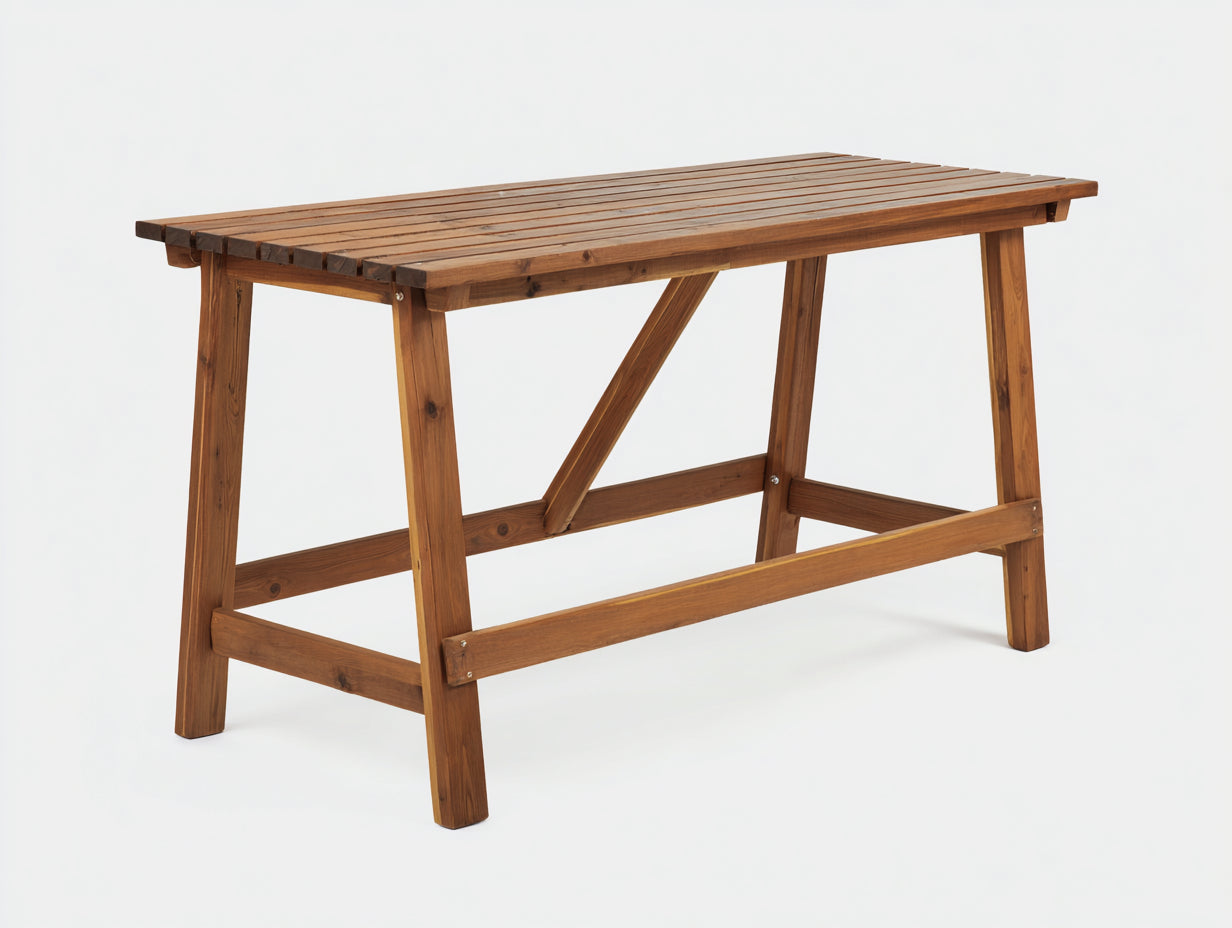 Mesas de jardín altas de madera 140 x 70 x 105 cm - Marrón nogal - Tablero de listones con estructura reforzada