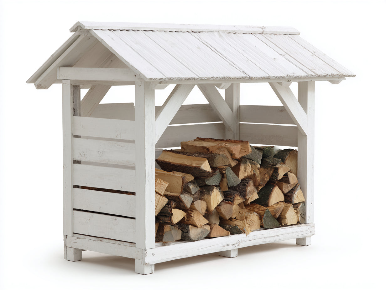 Leñero de exterior de madera 165x70x135 cm - blanco - techo a dos aguas
