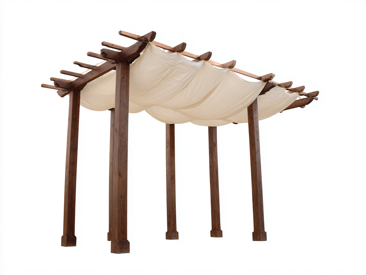 Pérgola de jardín de madera y tejido 400 x 300 x 250 cm - Marrón oscuro y crema - Cubierta textil de estilo rústico