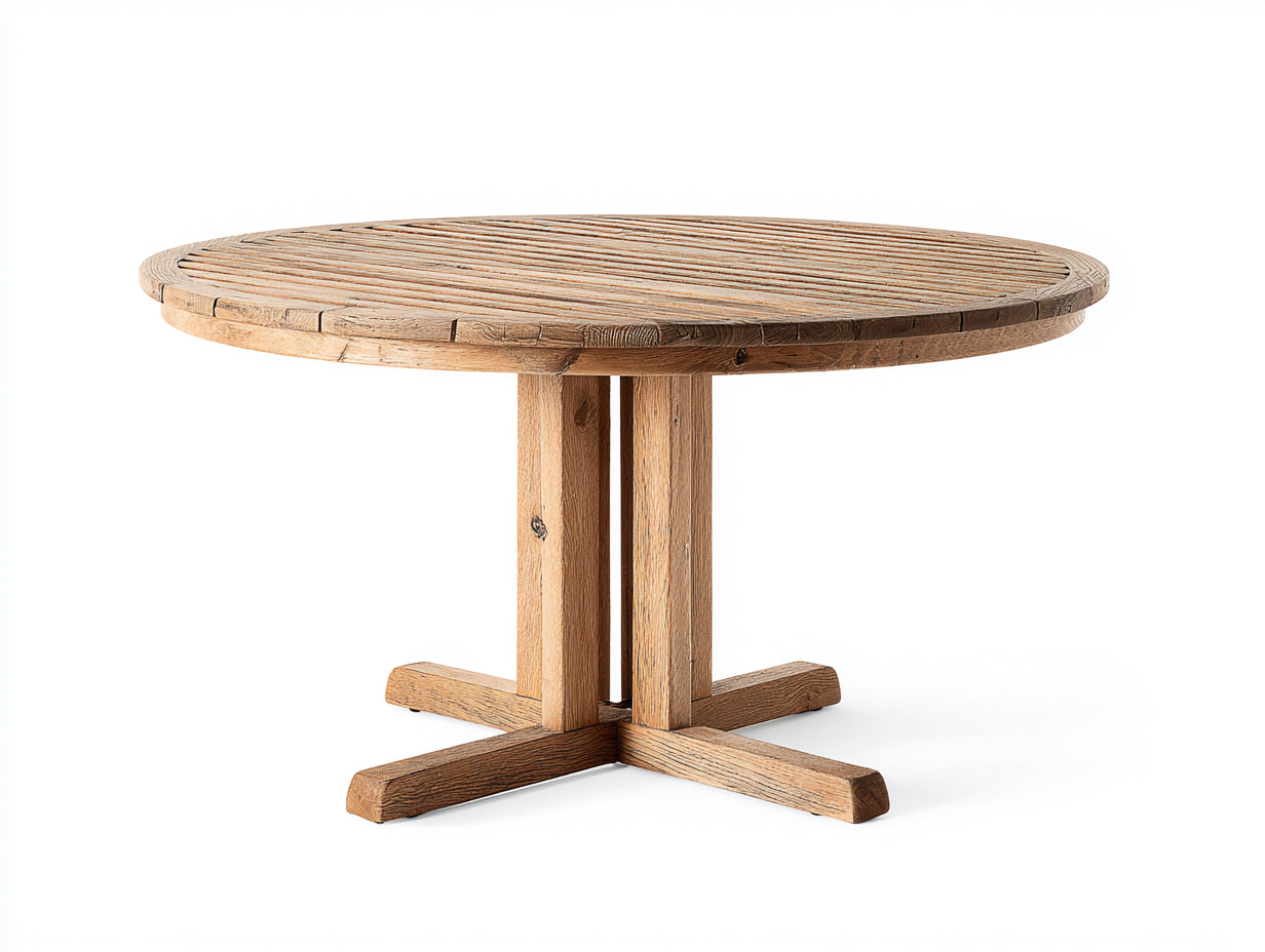 Mesas de jardín redonda de madera maciza 140x140x75 cm - natural - base central cruzada para comedor exterior
