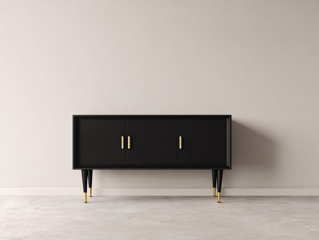 Mueble recibidor de madera y metal 140x40x78 cm - Negro - 3 puertas - Diseño moderno con detalles dorados para entrada y pasillo