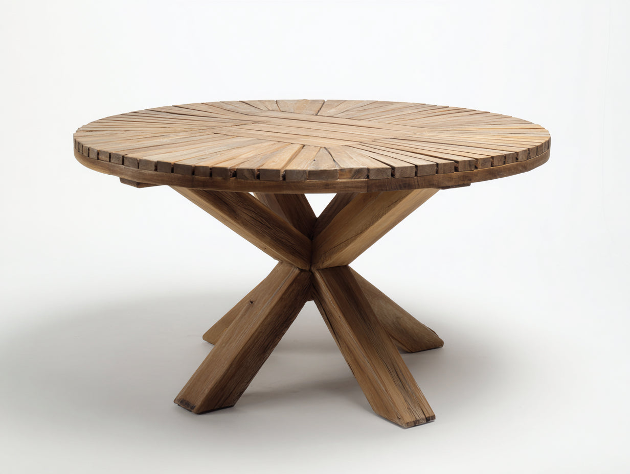 Mesas de jardín redondas de madera 140x140x75 cm - madera natural - base en cruz
