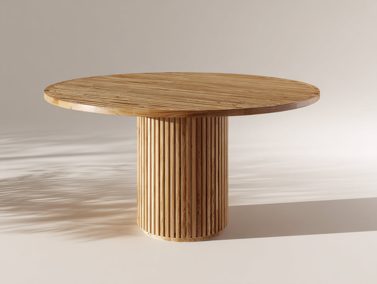 Mesas de jardín de madera 120x120x75 cm - roble claro - redonda con base acanalada