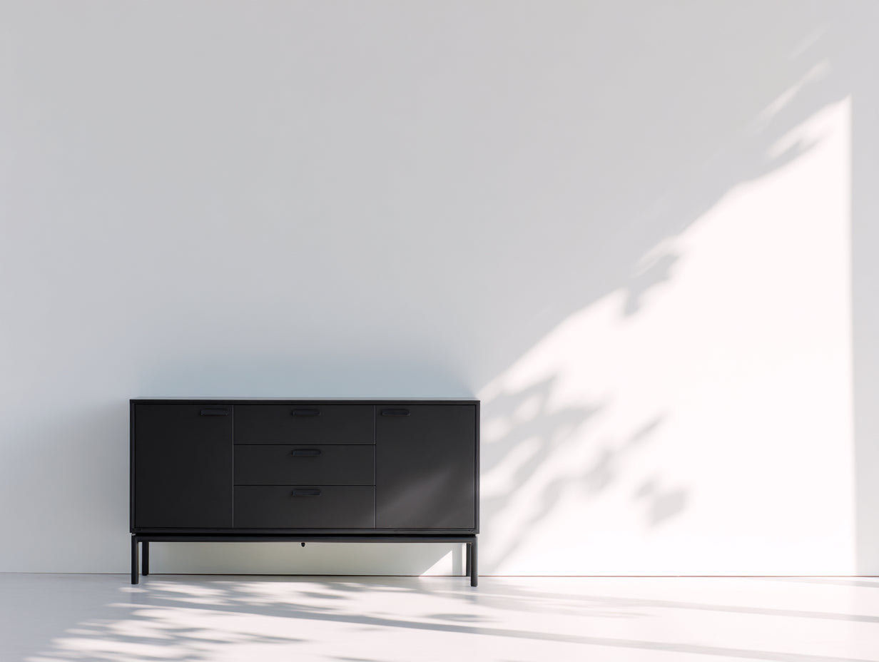 Mueble recibidor de madera y metal 150x40x78 cm - Negro - 2 puertas y 3 cajones - Diseño moderno para entrada y pasillo