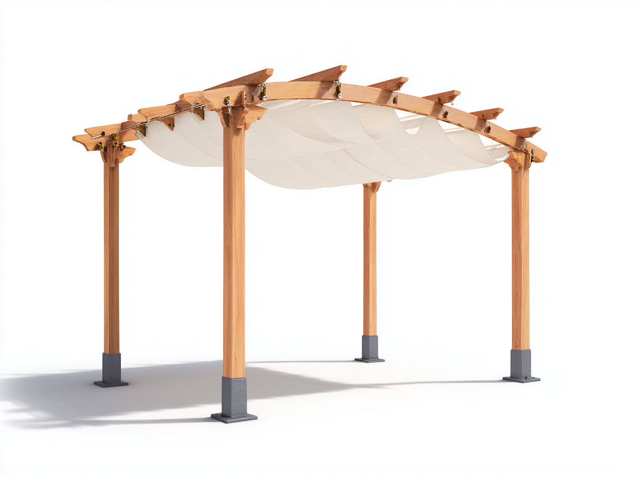 Pérgola de jardín de madera 300x300x250 cm - Madera natural y beige - Cubierta textil ondulada - Diseño abierto para terraza y patio