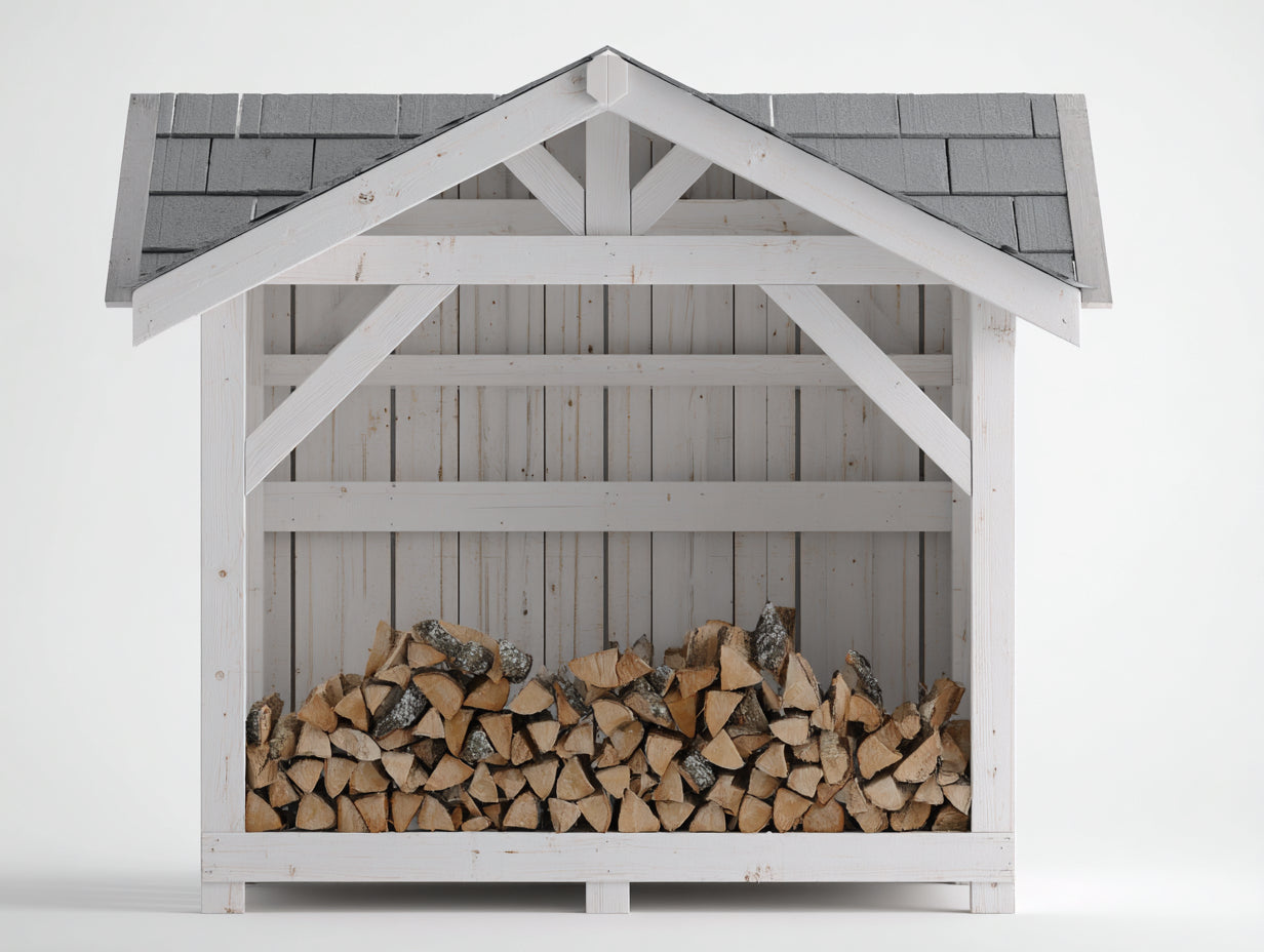 Leñero de exterior de madera 170 x 80 x 190 cm - Blanco y gris - Techo a dos aguas con estructura abierta