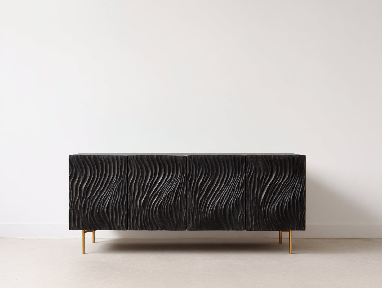 Mueble recibidor de madera de ingeniería 180 x 40 x 80 cm - Negro y dorado - 4 puertas con relieve ondulado