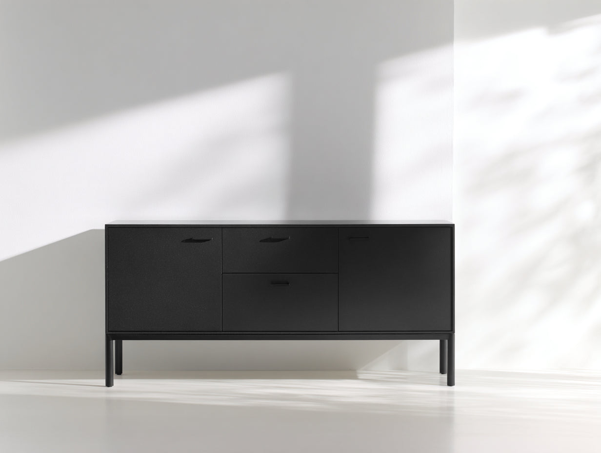 Mueble recibidor de madera de ingeniería 160 x 40 x 80 cm - Negro - 2 puertas y 2 cajones de estilo moderno