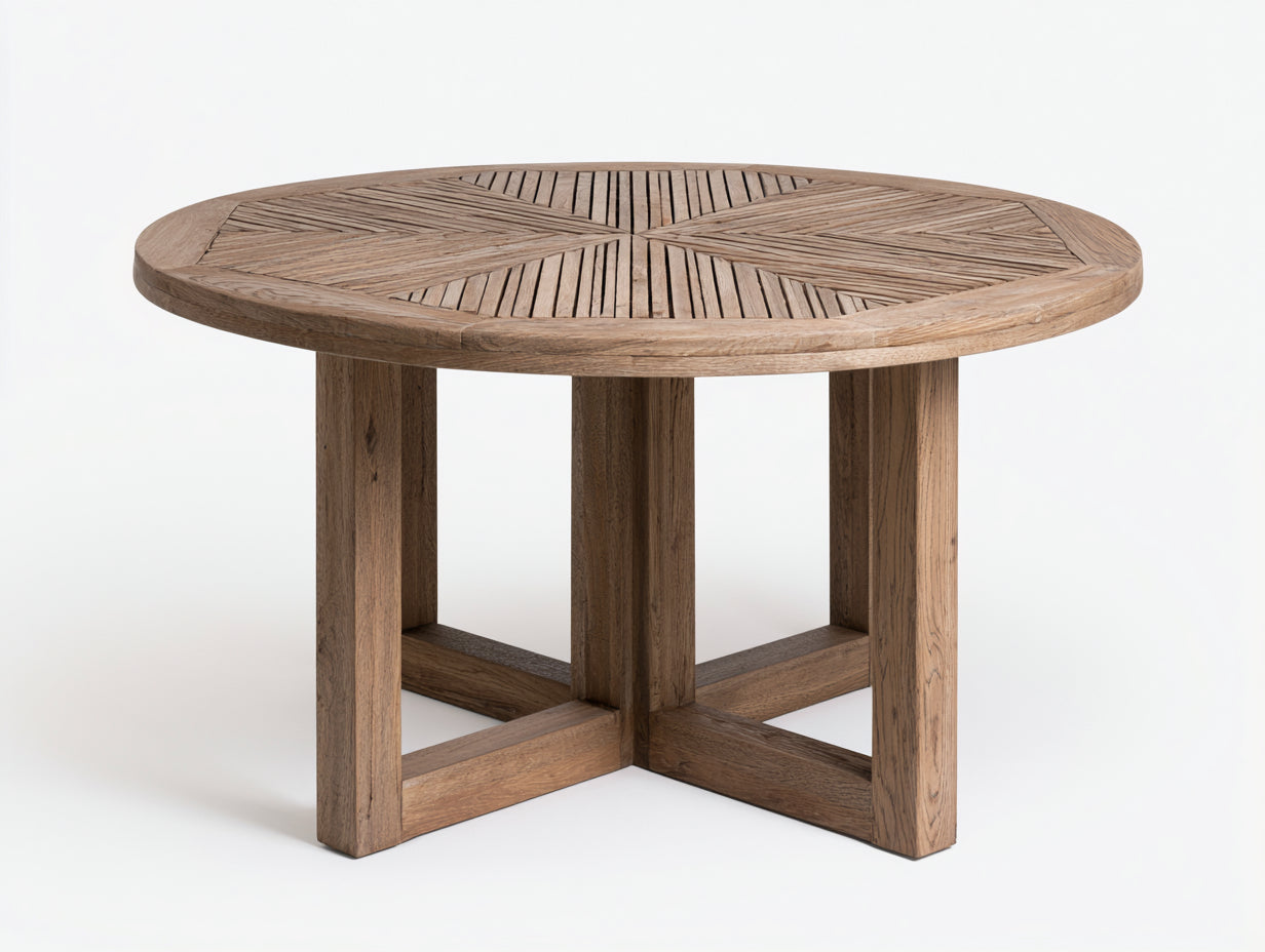 Mesas de jardín de madera 120x120x75 cm - Marrón natural - Tablero redondo de lamas radiales - Base cruzada de estilo rústico para terraza y patio