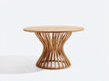 Mesas de jardín de madera 110x110x75 cm - Madera natural - Tablero redondo de lamas - Base curva abierta de diseño orgánico para terraza